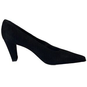 Stuart Weitzman Black Suede Heels 7.5 AAAA Pointed Toe Pumps Leather Sole Spain
